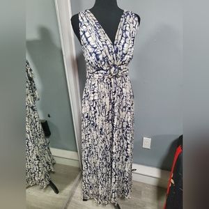 Donna Ricco Blue White Geometric Print V-neck Halter Maxi Dress 100% Silk sz 10
